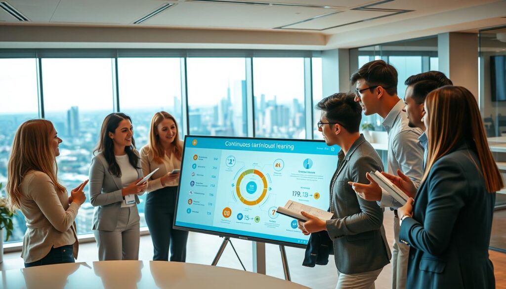 A bustling modern office interior, bright and airy, with a team of professionals in smart casual attire engaged in a dynamic training session. The foreground features a large interactive display screen, where animated diagrams and infographics illustrate the principles of continuous learning and customer service excellence. In the middle ground, the team members are leaning in, intently focused, taking notes and gesturing animatedly as they discuss strategies for delivering exceptional digital experiences. The background showcases a panoramic city skyline visible through floor-to-ceiling windows, conveying a sense of progression and growth. Warm, directional lighting casts a professional, aspirational mood, emphasizing the importance of this continuous training process.