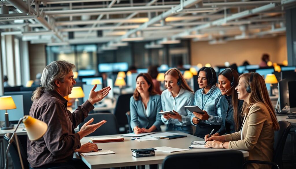 A bustling office scene, with a team of customer service agents engaged in a dynamic training session. The foreground features a middle-aged trainer standing at the head of a U-shaped table, gesturing animatedly as they lead the group discussion. The team members, a diverse mix of ages and ethnicities, lean in attentively, notebooks and pens in hand, their faces illuminated by the warm glow of desk lamps. In the background, the office is filled with the hum of computers and the occasional ringing of phones, creating a sense of a well-oiled customer support operation. Soft, diffused lighting casts a professional, collaborative atmosphere, conveying the importance of effective team training for delivering exceptional post-purchase experiences.