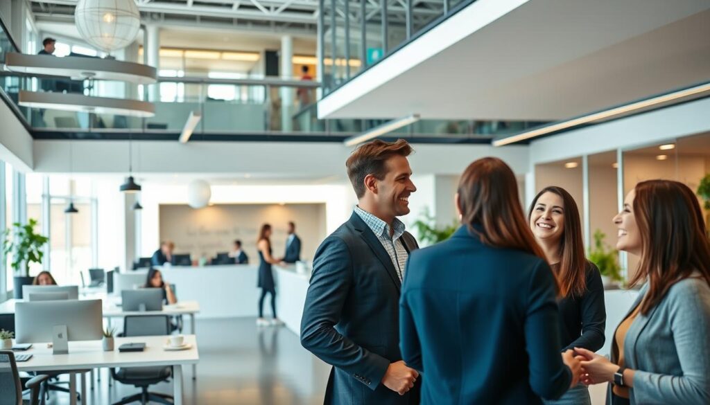 A bustling office setting with an array of modern, well-designed workstations and collaborative spaces. In the foreground, a group of employees engage in a lively discussion, their expressions conveying a sense of positivity and enthusiasm. The middle ground features a sleek, minimalist reception area where a smiling customer service representative assists a satisfied client. The background showcases an open, airy atrium with natural lighting filtering in, creating an inviting and professional atmosphere. The overall scene reflects a dynamic, customer-centric work environment where attention to detail and excellent service are paramount.