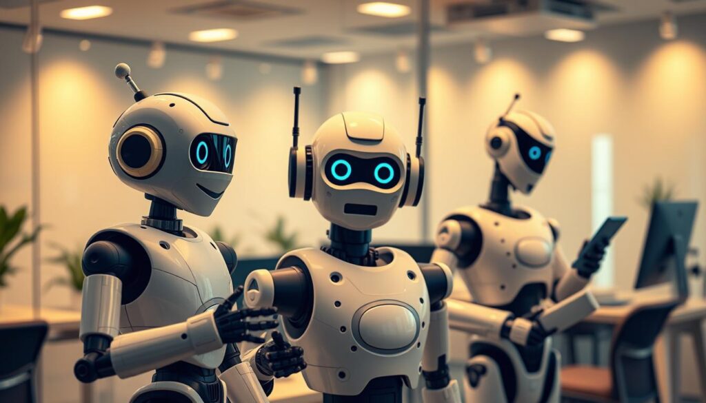 A contemporary office setting with a team of diverse chatbots, each displaying a unique personality and functionality. In the foreground, a friendly, approachable conversational bot engages with a customer, showcasing seamless interaction and problem-solving capabilities. In the middle ground, a data-driven analytical bot pores over customer insights, generating tailored recommendations. In the background, a sleek, efficient task-oriented bot automates mundane workflows, freeing up human agents to focus on more complex inquiries. Warm, diffused lighting and a minimalist, high-tech aesthetic convey a professional, yet inviting atmosphere, highlighting the chatbots' ability to streamline and enhance customer communication.