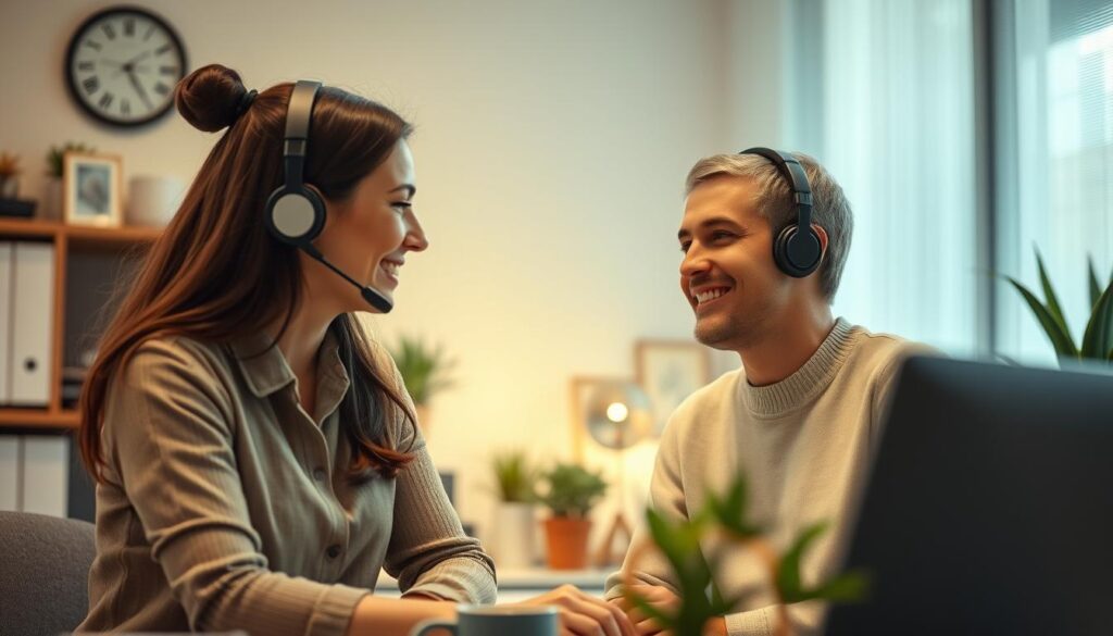 A cozy office scene with a customer service representative and a client engaged in a warm, friendly conversation. Soft, diffused lighting creates a welcoming atmosphere. The client's face is lit with a gentle smile, reflecting the representative's attentive and empathetic expression. They lean in towards each other, body language conveying mutual understanding and a sense of connection. The background is slightly blurred, putting the focus on the interpersonal interaction. Subtle details like a desk, potted plants, and personal mementos suggest a personalized, professional environment conducive to building long-lasting customer relationships.