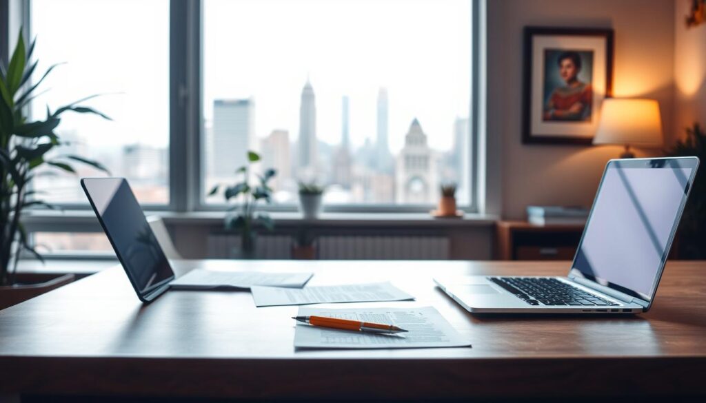 A cozy office setting with a warm, inviting atmosphere. In the foreground, a desk with a laptop, papers, and a pen, symbolizing the thoughtful process of transforming online complaints into constructive feedback. In the middle ground, a plant and a framed artwork on the wall, adding a touch of personalization and creativity. The background features a large window overlooking a bustling city skyline, with soft, diffused lighting filtering in, creating a sense of contemplation and opportunity. The overall mood is one of concentration, problem-solving, and a willingness to embrace customer feedback as a chance for growth and improvement.