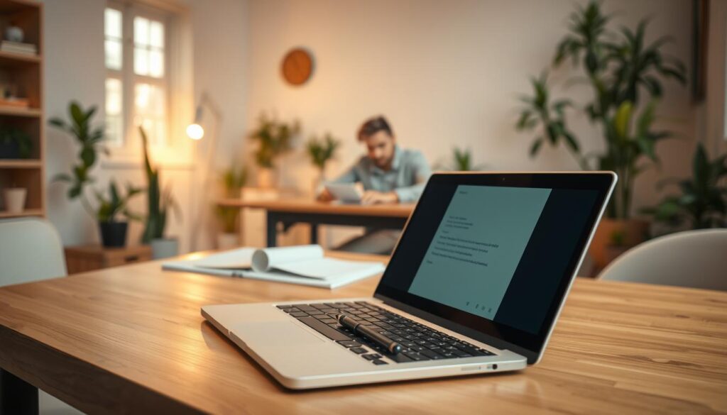 A cozy office setting with a warm, inviting atmosphere. In the foreground, a laptop and pen on a wooden desk, representing the virtual communication medium. The middle ground features a person sitting at the desk, their expression exuding empathy and compassion as they compose a message. The background showcases a softly-lit room with plants and minimal decor, creating a calming, empathetic ambiance. Subtle lighting from a nearby window casts a gentle glow, enhancing the approachable and relatable mood. The overall scene conveys the importance of infusing digital interactions with genuine human connection and understanding.