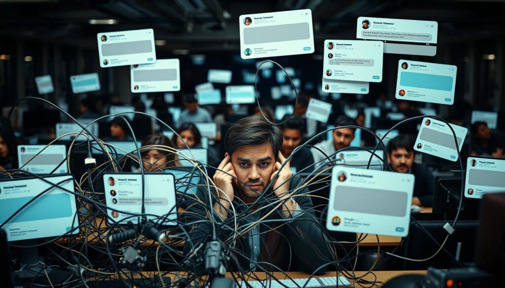 A crowded virtual office setting, with various communication devices and channels represented. In the foreground, a jumble of crossed wires, disconnected phone lines, and overlapping chat windows symbolize the chaos of miscommunicated messages. The middle ground features employees struggling to make sense of the tangle, their faces expressing confusion and frustration. In the background, a blurred landscape of desks, computers, and collaboration tools conveys the broader context of a modern, technology-driven workplace. The scene is bathed in a dim, moody lighting that emphasizes the tension and breakdown in virtual communication.