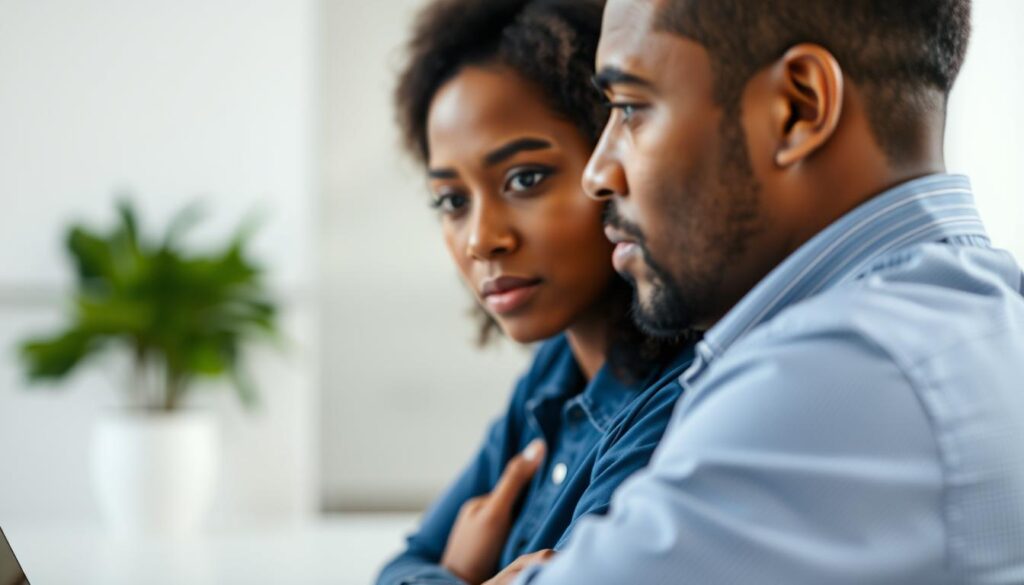 A digital marketer deeply engaged in a conversation, listening intently with a focused expression. Soft, diffused lighting illuminates their face, highlighting the earnest attention and understanding. The background is a serene, blurred office setting, with clean lines and neutral tones that create a professional, minimalist atmosphere. The composition emphasizes the marketer's posture and body language, conveying the essence of active listening and empathetic communication in the digital marketing context.