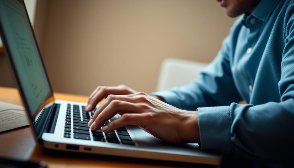 A dynamic scene of a person swiftly typing on a laptop keyboard, with a warm, focused expression. The background is blurred, emphasizing the forward momentum and efficiency of the interaction. Soft, diffused lighting illuminates the subject, creating a sense of clarity and responsiveness. The composition is tight, centering the user's hands and face, conveying a sense of urgency and connection. The angle is slightly elevated, suggesting an empathetic and attentive perspective. The overall mood is one of productive, engaged communication.