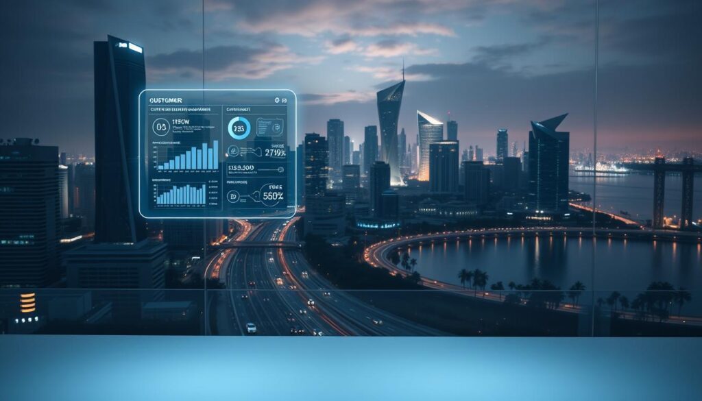 A futuristic cityscape at night, with towering skyscrapers and a sleek, minimalist aesthetic. In the foreground, a holographic interface displays customer data and insights, floating above a pristine desk. Soft, diffused lighting illuminates the scene, creating an atmosphere of technological sophistication and seamless digital integration. The middle ground features a bustling metropolis, with autonomous vehicles and pedestrians moving fluidly through the urban landscape. In the background, a glowing skyline reflects off the surface of a tranquil lake, hinting at the harmonious coexistence of technology and nature. The overall mood conveys the promise of a future where customer relationship management is seamlessly woven into the fabric of a smart, connected world.