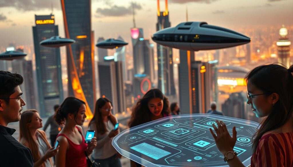 A futuristic cityscape with towering skyscrapers and hovering transportation pods. In the foreground, a diverse group of people engaged in seamless digital communication, their faces illuminated by holographic displays. The mid-ground features a sleek, curved interface that responds to touch and voice commands, symbolizing the intuitive nature of future communication tools. The background showcases a vibrant, neon-lit skyline, hinting at the vibrant, tech-driven atmosphere of the city. Warm, diffuse lighting casts a futuristic glow, creating a sense of wonder and possibility. The scene conveys a vision of a dynamic, interconnected future where communication with clients is effortless and engaging.