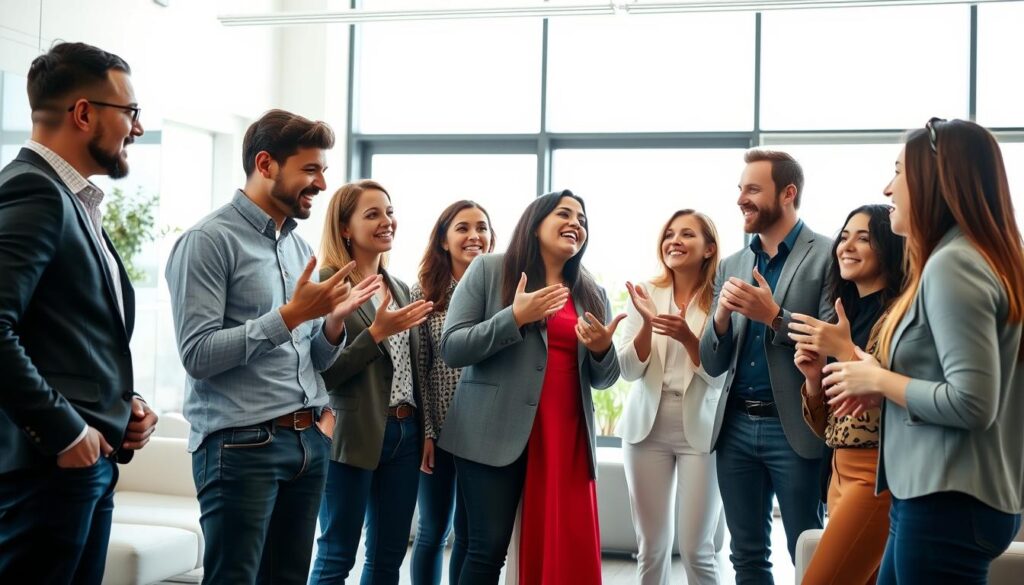 A group of diverse and enthusiastic individuals, standing in a vibrant, modern office setting. They are engaged in animated discussions, gesturing passionately and collaborating on ideas. The lighting is bright and natural, creating a sense of energy and positivity. The background features sleek, minimalist furnishings and large windows, providing a contemporary, professional atmosphere. The individuals are smartly dressed, reflecting their role as brand ambassadors, and their expressions convey a genuine commitment to promoting the company's products and services. An atmosphere of camaraderie and teamwork pervades the scene, highlighting the power of engaged, motivated customers to become effective brand advocates.