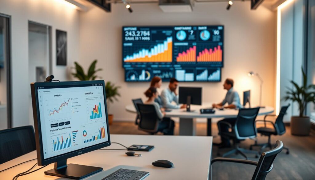 A modern, data-driven workplace with a focus on analytics. In the foreground, a desktop computer displays a series of interactive charts and graphs, visualizing key insights from customer data. The middle ground features a team of analysts collaborating around a large, curved desk, studying the data and brainstorming strategies. In the background, a wall-mounted display showcases real-time performance metrics, illuminated by soft, indirect lighting that creates a calm, professional atmosphere. The scene conveys a sense of analytical rigor, strategic decision-making, and a data-driven approach to improving customer experience.