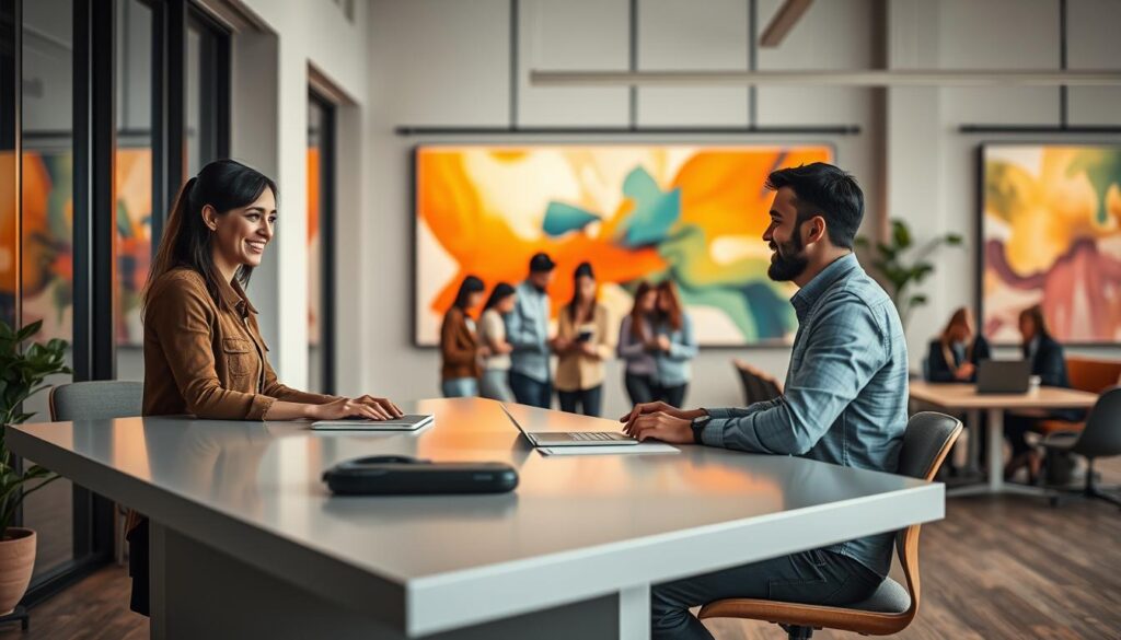 A modern, minimalist office interior with large windows and abundant natural light. In the foreground, a smiling customer service representative assists a content client at a sleek, angular desk. The mid-ground features a group of engaged customers reviewing digital devices, conveying a sense of positive digital engagement. The background showcases vibrant, abstract artwork, representing the lively, dynamic nature of the customer-focused digital experience. Warm, muted color tones throughout, evoking a welcoming, professional atmosphere. Subtle hints of the company's branding subtly incorporated into the decor.
