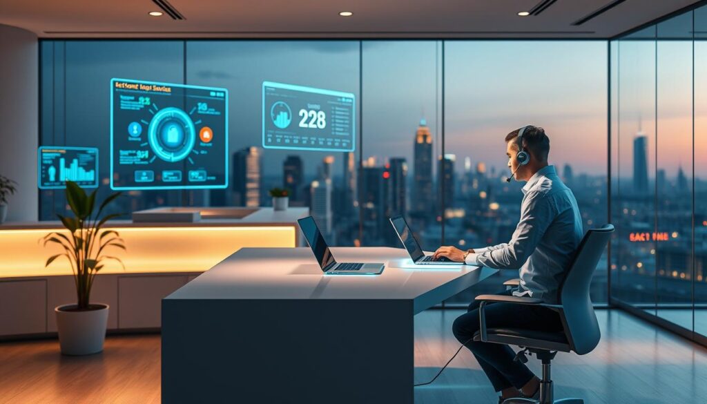 A modern, minimalist office setting with a focus on technology-enabled customer service. In the foreground, a customer service representative sits at a sleek, minimalist desk, wearing a headset and using a laptop. Soft, indirect lighting illuminates the scene, creating a warm and inviting atmosphere. In the middle ground, holographic displays and interactive screens showcase real-time customer data and service updates. The background features a panoramic view of a city skyline, symbolizing the seamless integration of technology and customer experience. The overall composition conveys a sense of efficiency, innovation, and a personalized, high-quality customer service experience.