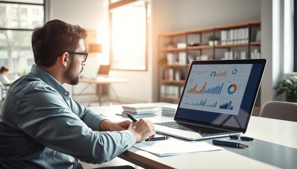 A modern office interior with a large desk featuring a laptop, pen, and documents. In the foreground, a person is seated, intently studying charts and graphs displayed on the laptop screen. The lighting is bright and natural, with soft shadows cast across the desk. In the background, shelves line the walls, filled with reference materials and office supplies. The atmosphere conveys a sense of focused productivity and data analysis, reflecting the importance of measuring digital customer service performance.