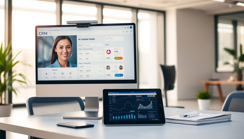 A modern office setting with a computer workstation displaying a CRM dashboard. In the foreground, a professional customer service representative is engaged in a video call, their face illuminated by the soft glow of the screen. The middle ground features an ergonomic desk setup with neatly organized documents and a tablet displaying customer data. The background showcases a clean, minimalist interior design with large windows letting in natural light, creating a warm and productive atmosphere. The overall scene conveys efficiency, attention to detail, and a customer-centric approach to digital customer relationship management.