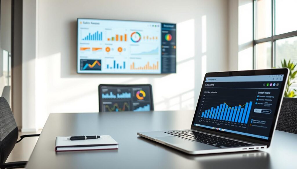 A modern office setting with a focus on data visualization and performance metrics. The foreground features a sleek, minimalist desk with a laptop, a pen, and a notebook. On the laptop screen, a dashboard displays various graphs, charts, and KPIs related to customer satisfaction and sentiment analysis. The middle ground showcases a large, high-resolution monitor mounted on the wall, displaying customer feedback data and trends in an intuitive, visually appealing manner. The background is a clean, well-lit room with large windows, allowing natural light to flood the space and create a sense of openness and transparency. The overall atmosphere conveys a professional, data-driven approach to understanding and improving the customer experience.