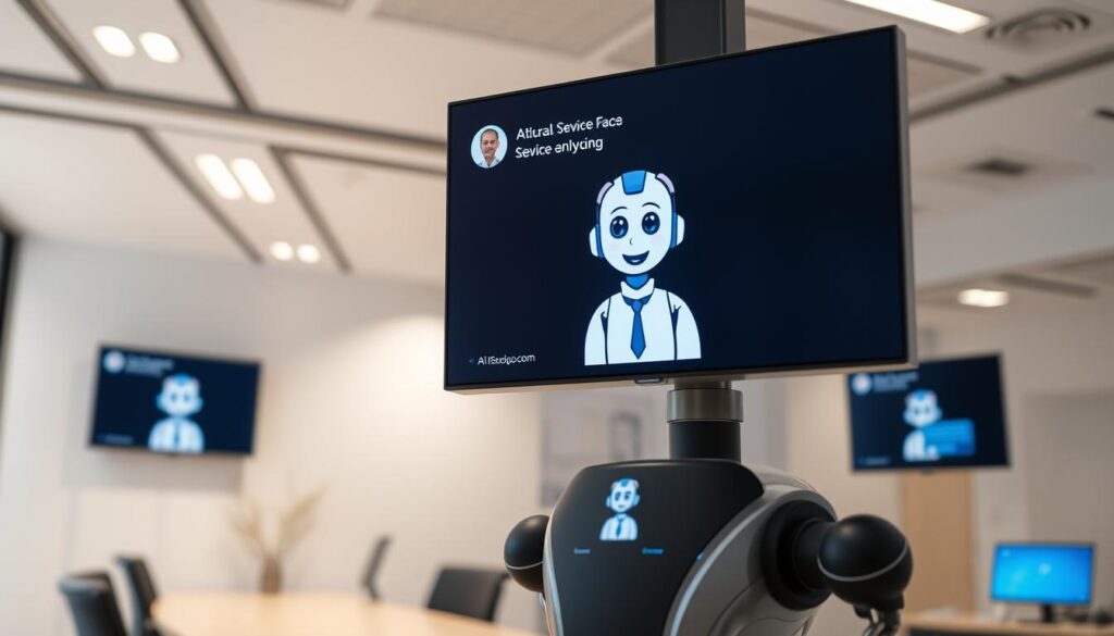 A modern office setting with a virtual customer service agent chatbot displayed on various digital screens. The chatbot has a friendly, approachable appearance and is engaged in a helpful dialogue with a customer. The background features a clean, minimalist design with muted colors, creating a professional and streamlined atmosphere. The lighting is soft and diffused, enhancing the sense of clarity and efficiency. The camera angle is slightly elevated, giving an overview of the scene and emphasizing the technology-driven nature of the virtual assistance. The overall mood conveys a sense of effortless customer support and seamless integration of AI-powered solutions in the business environment.