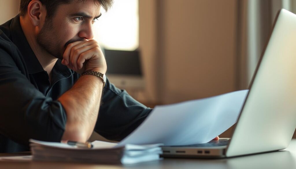 A pensive customer sits at a desk, intently studying a laptop screen. The foreground is illuminated by a warm, soft light, casting gentle shadows across their face as they contemplate the online feedback they're reviewing. In the middle ground, a stack of customer service documents and a pen lie nearby, hinting at the process of addressing customer concerns. The background is blurred, creating a sense of focus on the individual's thoughtful expression and the digital interface they're engaging with. The overall mood is one of careful consideration, as the customer seeks to understand and respond to the "voice of the customer" conveyed through online reviews and complaints.
