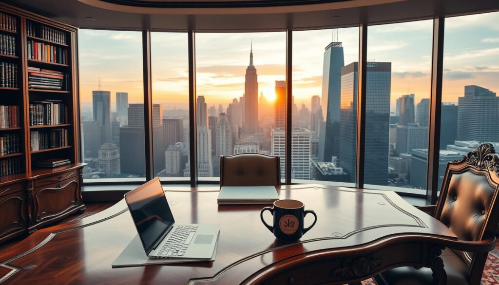 A serene, professional office setting with a large, ornate wooden desk in the foreground. On the desk, a laptop, a stack of papers, and a branded coffee mug. In the middle ground, a floor-to-ceiling bookshelf filled with volumes on branding, marketing, and reputation management. The background features large windows overlooking a bustling city skyline, bathed in warm, golden hour lighting. The overall atmosphere conveys a sense of expertise, authority, and attention to detail in the management of a brand's online reputation.