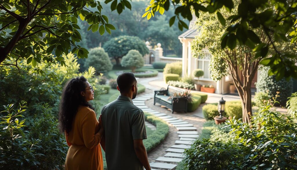 A serene, tranquil garden setting with lush foliage, gentle sunlight, and a sense of personal growth and development. In the foreground, a pair of diverse individuals engage in thoughtful dialogue, their body language conveying a sense of mutual understanding and connection. The middle ground features a meandering path, symbolizing the journey of personal and relational evolution. In the background, a warm, inviting household suggests the comfort and security of an enduring relationship, even in the absence of physical proximity. The overall atmosphere evokes a feeling of introspection, emotional maturity, and the nurturing of meaningful bonds.