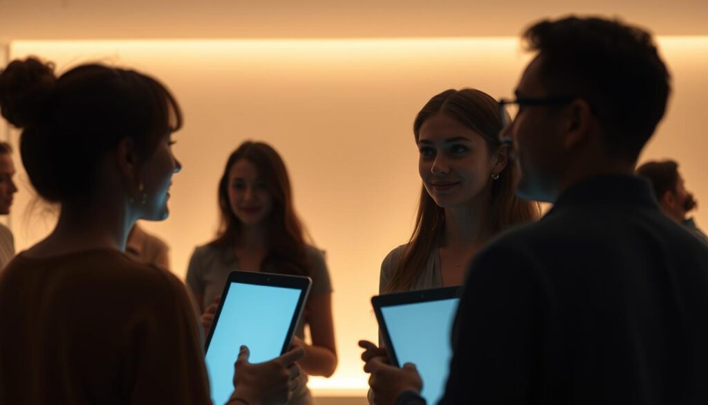 A serene virtual gathering, a tapestry of digital connections. In the foreground, figures converse, their faces illuminated by the soft glow of screens, creating an intimate atmosphere. The middle ground features a backdrop of minimalist geometric shapes, subtly representing the virtual landscape. The lighting is warm and diffused, casting a gentle ambiance over the scene. The camera angle is slightly elevated, allowing the viewer to observe the harmonious flow of the virtual encounters. The overall mood conveys a sense of meaningful connection, transcending physical boundaries.