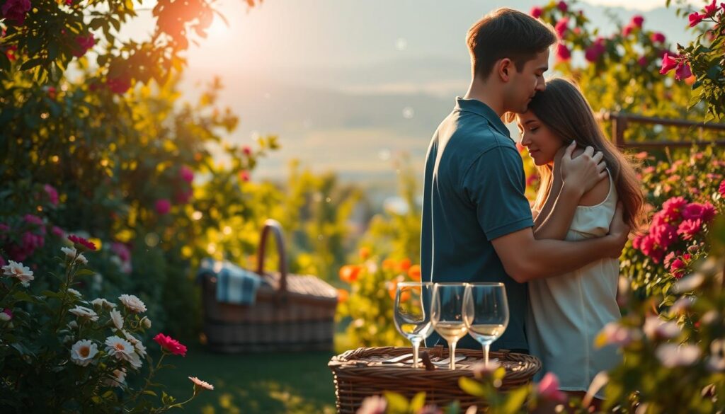 A sun-dappled garden, bursting with lush greenery and vibrant blooms, sets the stage for a tranquil scene of long-distance love. In the foreground, a young couple embraces tenderly, their features softly illuminated by the warm glow of a late afternoon sun. Ethereal lights drift around them, lending an air of whimsy and enchantment. In the middle ground, a picnic basket and two wine glasses allude to a shared meal, a cherished moment of connection. The background fades into a hazy, dreamlike landscape, hinting at the vast distance that separates the pair, yet their bond transcends the physical. This image radiates a sense of intimacy, resilience, and the triumph of true love, even in the face of physical separation.