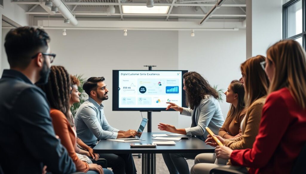 A team of diverse professionals engaged in an interactive training session, with a focus on digital customer service excellence. The foreground depicts lively discussions and collaborative exercises, while the middle ground showcases a high-tech presentation on a large display. The background features a modern, minimalist office environment with ample natural lighting, complementing the sense of productivity and innovation. The overall atmosphere conveys a harmonious blend of teamwork, learning, and a commitment to delivering exceptional digital experiences.