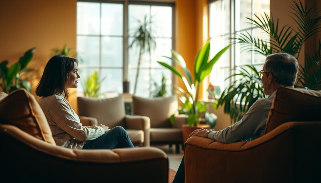 A tranquil, sunlit room with plush, comfortable chairs and sofas. In the foreground, a person sits attentively, listening intently to another person across from them. Their body language conveys active engagement, with open posture and a focused gaze. The background features a warm, inviting color palette, with plants and natural elements that create a sense of serenity. Soft, diffused lighting from windows bathes the scene in a gentle, calming glow. The overall atmosphere is one of thoughtful, productive dialogue and mutual understanding.