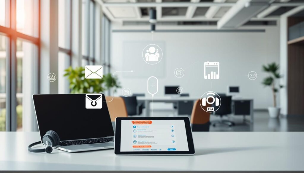 A vibrant and functional digital workspace with a variety of modern online customer service tools. In the foreground, a desk with a laptop, headset, and a tablet displaying a live chat interface. In the middle ground, various icons representing communication channels like email, phone, and video conferencing. The background features a sleek, minimalist office setting with large windows letting in natural light, creating a professional and efficient atmosphere. The image conveys a cohesive and organized approach to providing exceptional online customer support.