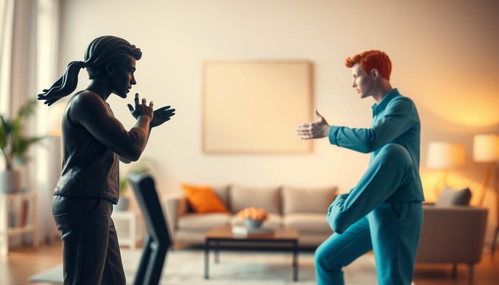 A vibrant, dynamic scene depicting conflict resolution. In the foreground, two figures, their body language and facial expressions conveying tension and emotion, engaged in a constructive dialogue. The middle ground features a calm, neutral space, with soothing colors and minimalist furnishings, suggesting a setting conducive to productive discussion. The background is softly blurred, creating a sense of focus on the central interaction. Warm, diffused lighting illuminates the scene, casting a sense of warmth and approachability. The overall composition and atmosphere convey a spirit of openness, understanding, and the possibility of reaching a resolution.