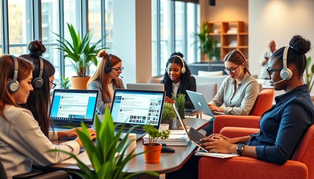 A vibrant, modern office setting with a diverse team of customer service representatives engaged in active social media conversations. The foreground features several agents intently focused on their laptop screens, communicating with customers through a variety of social media platforms. The middle ground showcases a collaborative workspace with stylish furniture, potted plants, and tasteful decor, creating an inviting and productive atmosphere. In the background, large windows provide ample natural lighting, illuminating the space and reflecting the company's commitment to transparent, personalized digital interactions. The overall mood conveys professionalism, responsiveness, and a customer-centric approach to social media-based customer support.