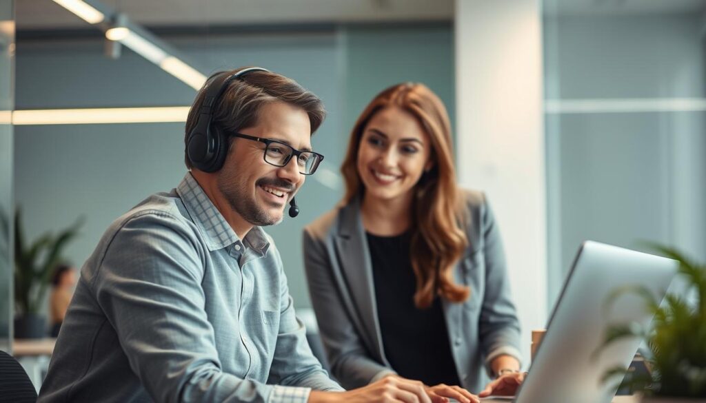 A vibrant scene of active listening in a customer service setting. A customer service representative intently focuses on the customer, leaning forward with a warm, attentive expression. The background showcases a modern office environment, with clean lines and muted colors that create a calming, professional atmosphere. Soft, diffused lighting illuminates the scene, emphasizing the connection between the two individuals. The overall mood evokes empathy, understanding, and a commitment to providing exceptional customer care.