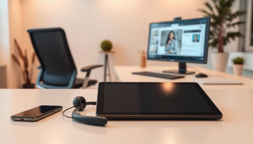A vibrant still life depicting a neatly arranged collection of digital customer service tools. In the foreground, a sleek tablet, smartphone, and wireless headset are placed on a clean, minimalist desk. The middle ground features an ergonomic office chair and a modern, high-resolution monitor displaying a customer support interface. In the background, a warm-toned, softly lit office environment with clean lines and neutral colors sets the mood for an efficient, welcoming digital customer experience. The lighting is soft and balanced, creating a professional, approachable atmosphere. The composition emphasizes the integration of technology and customer-centric design, reflecting the section's focus on effective digital customer service tools.