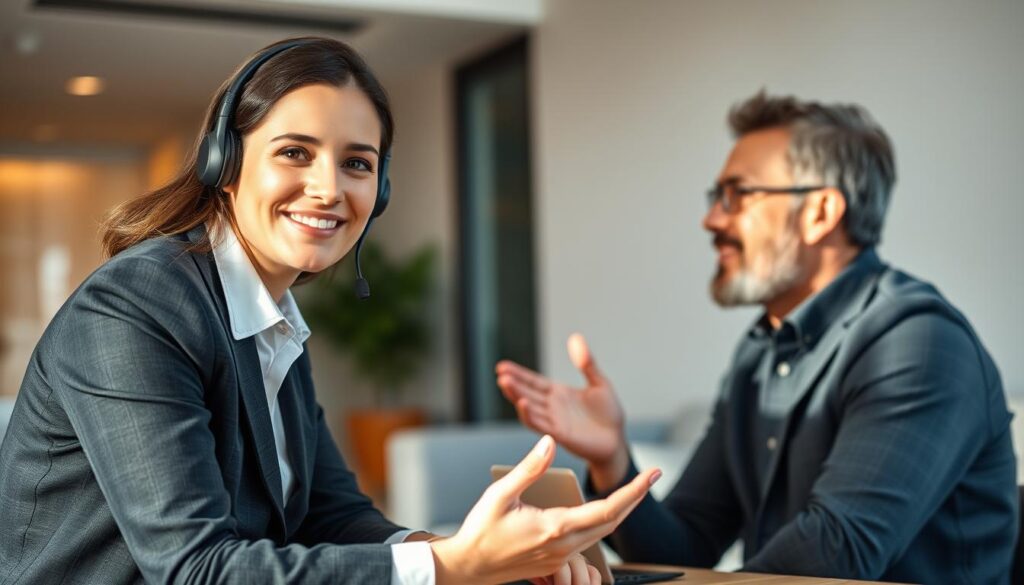 A warm, inviting scene of a customer service representative engaging thoughtfully with a client. The foreground features the service rep, dressed in professional attire, leaning forward with a kind, empathetic expression, making direct eye contact. The middle ground shows the client, relaxed and at ease, gesturing openly. Soft, natural lighting illuminates the pair, creating a sense of comfort and connection. The background depicts a modern, minimalist office setting, with clean lines and muted tones that don't distract from the interpersonal interaction. Overall, the image conveys the benefits of a personalized, human-centric approach to customer service.