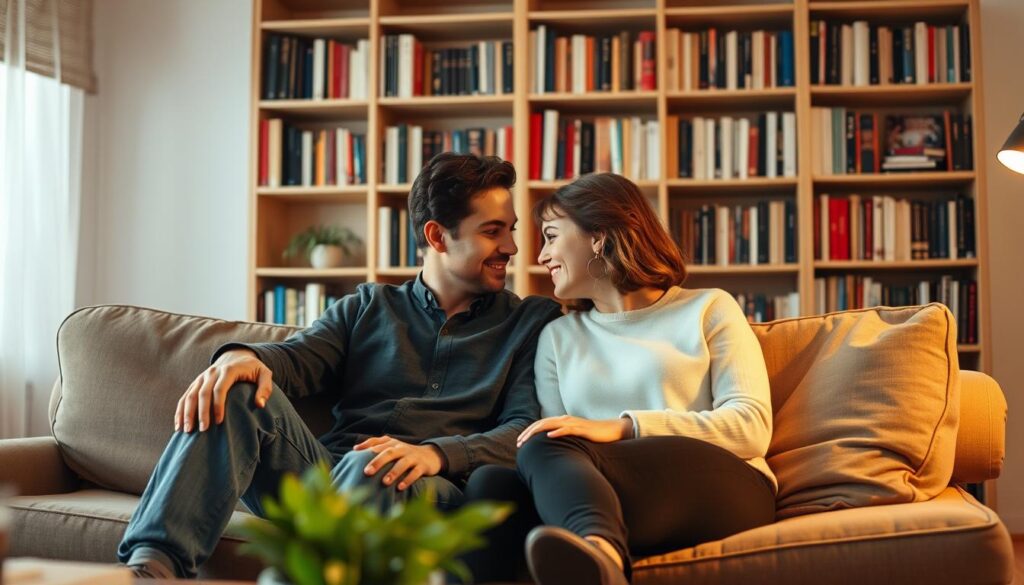 A warm, inviting scene of two people sitting together on a comfortable couch, engaged in deep conversation. The lighting is soft and natural, casting a cozy glow on the pair as they lean in towards each other, their body language conveying a sense of connection and trust. In the background, a bookshelf filled with volumes suggests an intellectual, contemplative atmosphere. The composition is balanced and harmonious, creating a sense of tranquility and the possibility of lasting bonds.