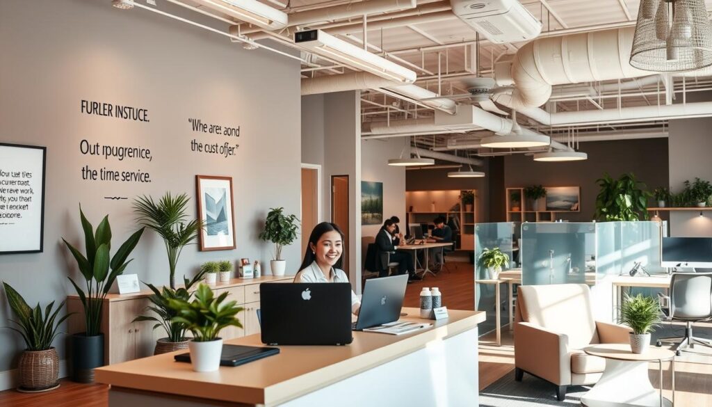 A welcoming office interior with warm lighting and muted colors. In the foreground, a customer service representative sits at a modern, minimalist desk, smiling and engaged in a friendly conversation with a customer. On the walls, inspirational quotes and slogans promoting excellent customer service. The middle ground features carefully curated decor elements that convey a sense of professionalism and care, like potted plants, framed art, and sleek furniture. The background showcases an open, airy workspace with desks, computers, and other employees collaborating productively. The overall atmosphere is one of efficiency, empathy, and a commitment to providing the best possible customer experience.