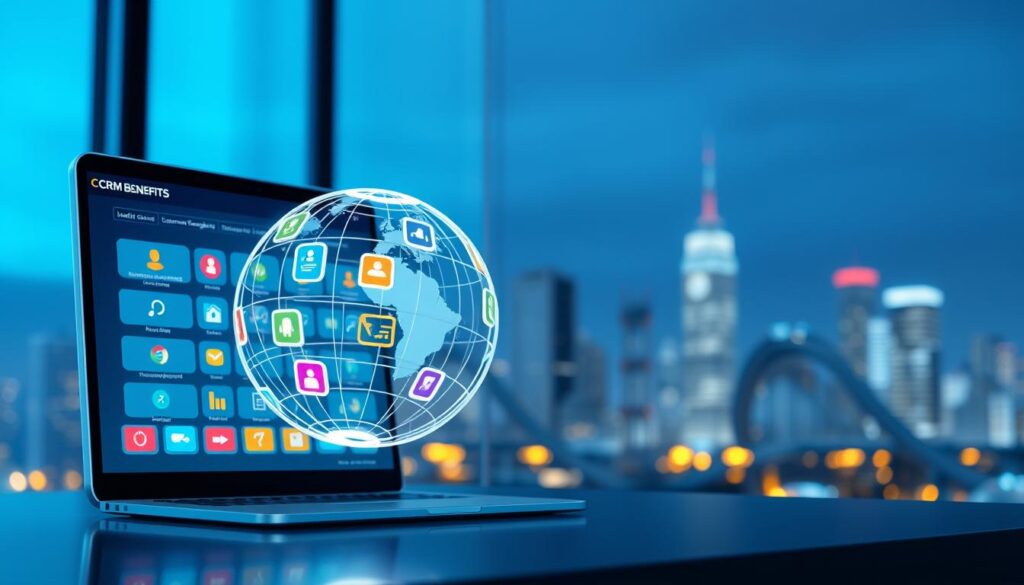 A well-lit, high-resolution 3D illustration showcasing the main benefits of a customer relationship management (CRM) system. In the foreground, a sleek and modern user interface with colorful icons representing key features like customer data management, automated marketing, and sales analytics. In the middle ground, a floating wireframe globe symbolizing improved customer engagement and global reach. In the background, a soft-focus city skyline, conveying the idea of business growth and expansion enabled by CRM. The overall mood is one of professionalism, efficiency, and technological innovation.
