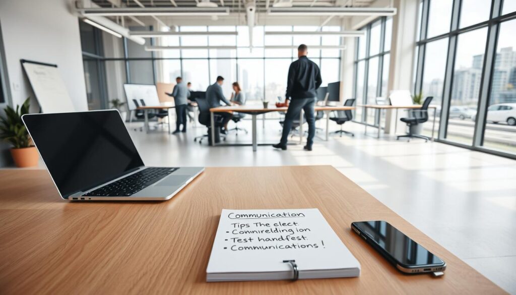 A well-lit, modern office setting with a minimalist design aesthetic. In the foreground, a sleek, wooden desk with a laptop, smartphone, and a succinct set of handwritten "communication tips" on a notepad. Midground shows an open concept workspace with colleagues collaborating at standing desks, digital whiteboards, and ergonomic chairs. The background features large windows overlooking a cityscape, allowing natural light to flood the space and create a sense of openness and productivity. The overall mood is one of efficiency, organization, and effective interpersonal communication.
