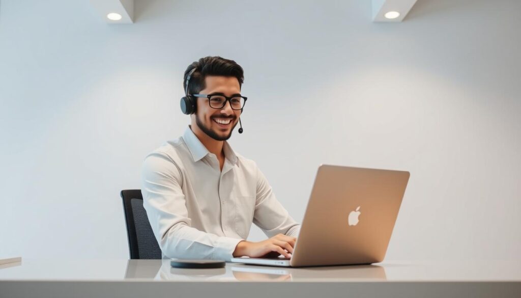 A well-lit, modern office setting with a professional online customer service agent at a desk, working on a laptop computer. The agent has a friendly, approachable demeanor and is wearing a collared shirt. The background features a minimalist, streamlined design with neutral tones and clean lines, creating a calming and efficient atmosphere. The overall scene conveys a sense of professionalism, customer-centric focus, and a seamless online customer experience.