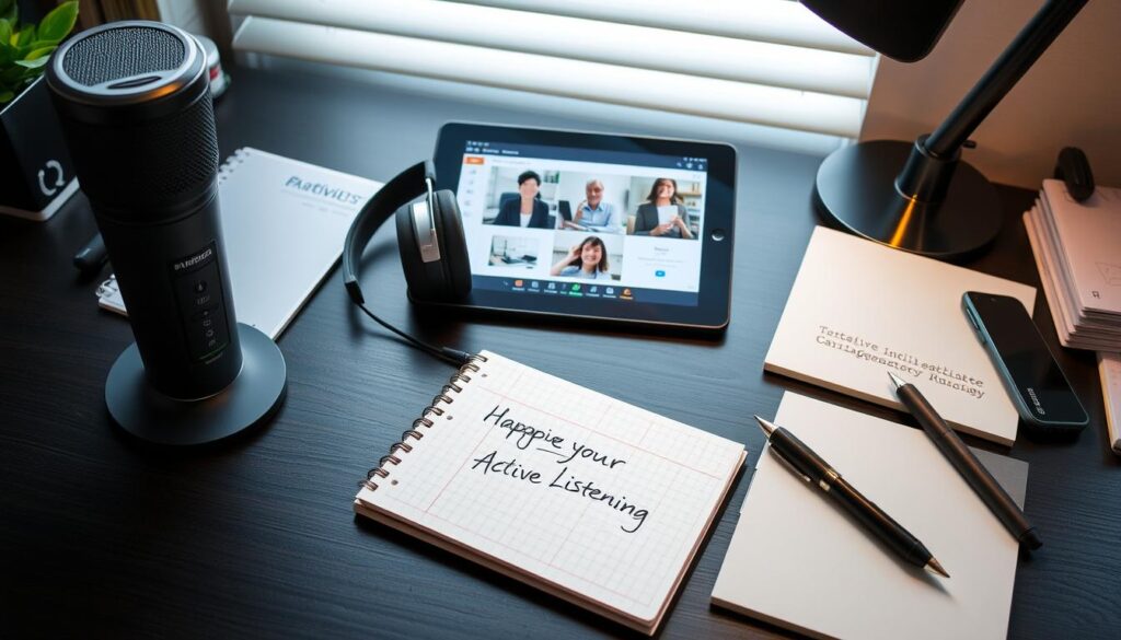 A well-lit office desk with an array of active listening tools: a modern digital recorder, a pair of high-quality noise-cancelling headphones, a tablet displaying a collaboration app, and a tactile note-taking pad with a calligraphic pen. The scene conveys a sense of focus, productivity, and attention to detail, creating an atmosphere conducive to effective online communication and active listening.