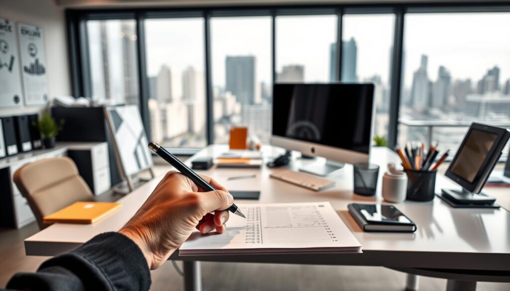 A well-lit office space with a modern desk, a desktop computer, and a variety of office supplies neatly arranged. In the foreground, a person's hands are shown, using a pen to write on a notepad, demonstrating clear and concise communication techniques. The background features a large window overlooking a city skyline, creating a sense of professionalism and productivity. The lighting is soft and natural, with a warm, inviting atmosphere. The overall scene conveys a sense of clarity, organization, and effective communication.