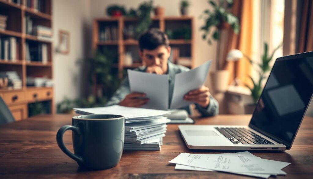 An intimate and cozy home office scene, with a wooden desk in the foreground showcasing a laptop, coffee mug, and a stack of customer feedback forms. In the middle ground, a person, their face obscured, is intently reviewing the feedback, their expression pensive. The background is softly blurred, suggesting a warm, nurturing environment, with bookshelves, plants, and natural lighting filtering in through a window. The overall mood is one of thoughtful contemplation, highlighting the importance of customer feedback in shaping a genuine online customer experience.